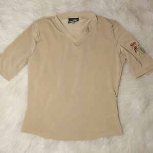 #0049 Women's Beige Blouse V-Neck with Floral Details Size Small